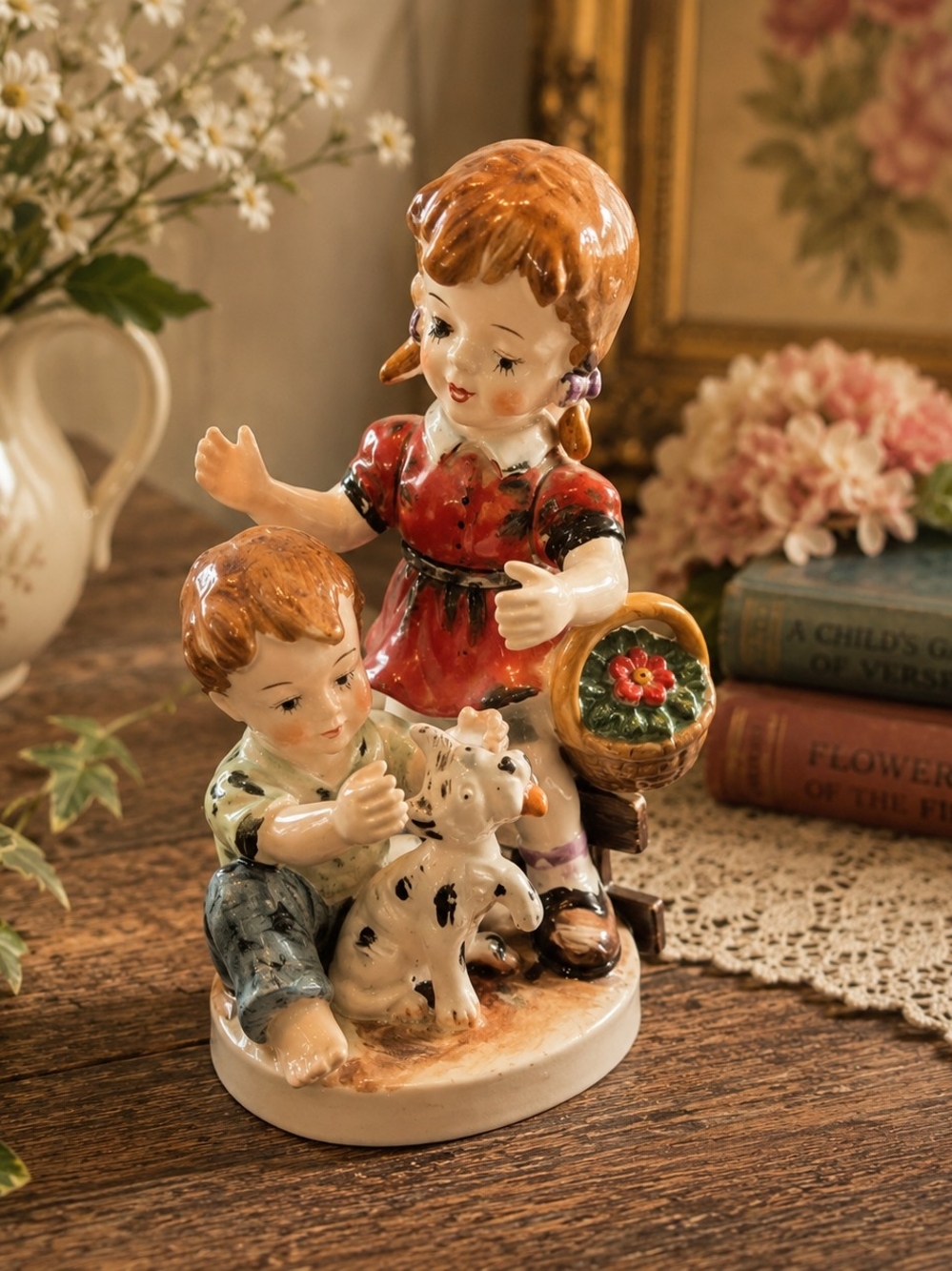 Occupied Japan Children w Puppy Porcelain Figurine Vintage Hand Painted